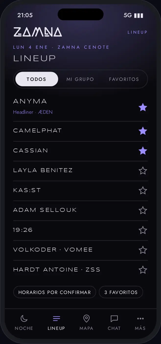 Pantalla de lineup de noche