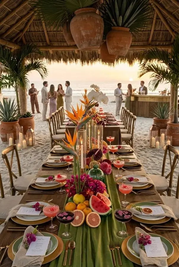 Mesa larga con frutas, flores tropicales y velas bajo una palapa al atardecer